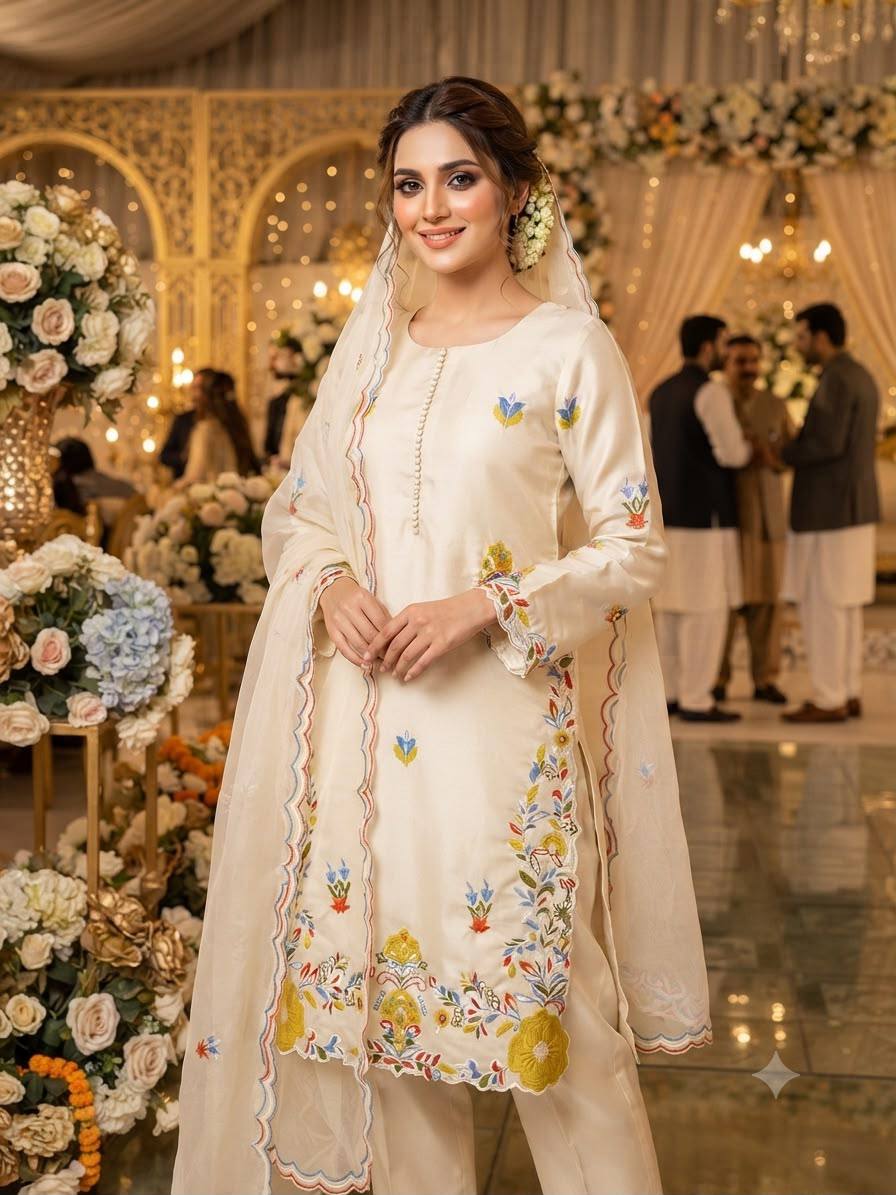 Ivory Embroidered Glass Roman Suit Set Featuring Vibrant Floral Threadwork