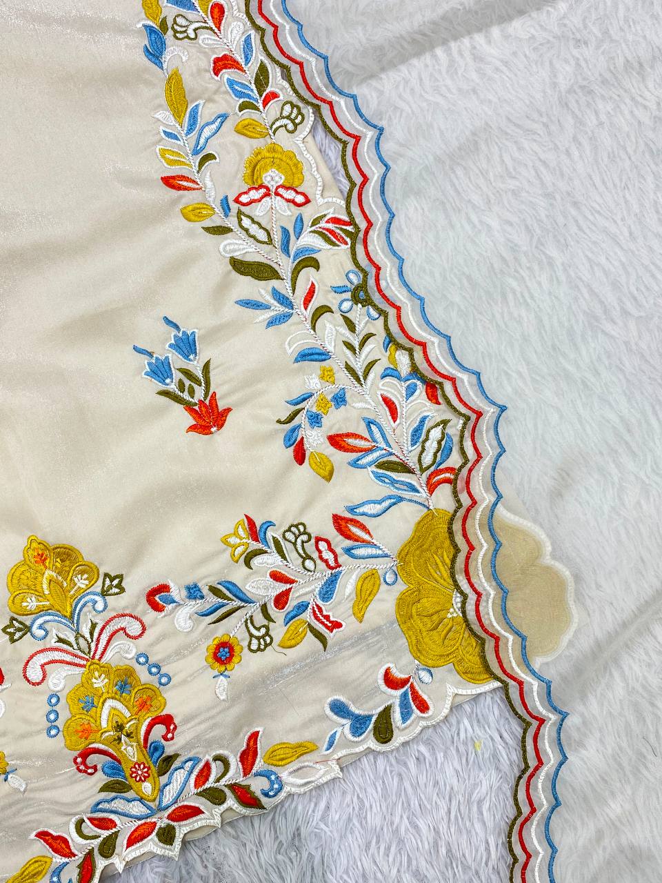 Ivory Embroidered Glass Roman Suit Set Featuring Vibrant Floral Threadwork