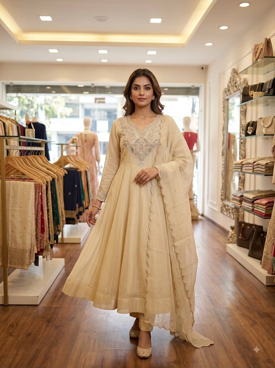 Off-White Fox Georgette Handwork Gown Set Featuring Intricate Embroidery
