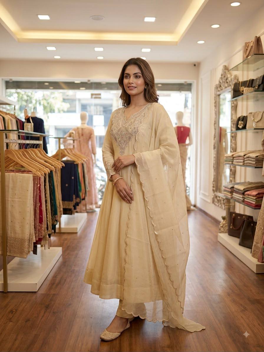 Off-White Fox Georgette Handwork Gown Set Featuring Intricate Embroidery