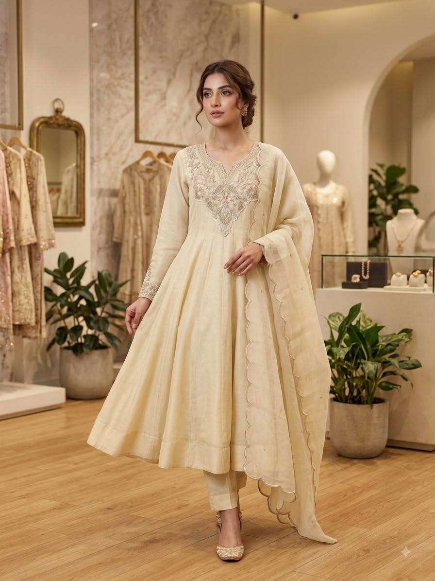 Off-White Fox Georgette Handwork Gown Set Featuring Intricate Embroidery