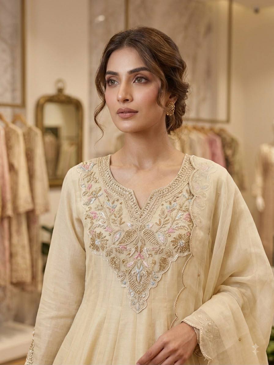 Off-White Fox Georgette Handwork Gown Set Featuring Intricate Embroidery