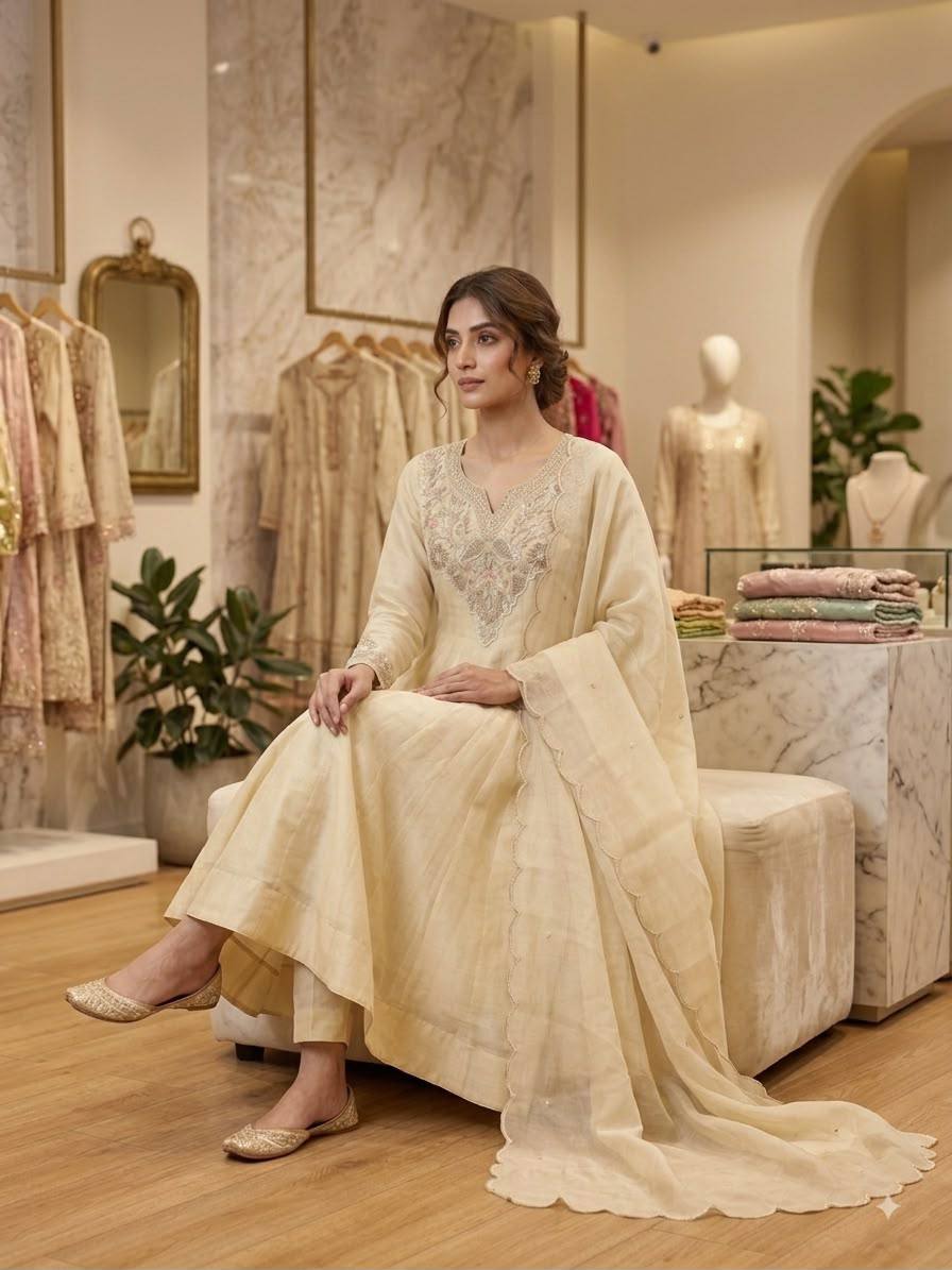 Off-White Fox Georgette Handwork Gown Set Featuring Intricate Embroidery
