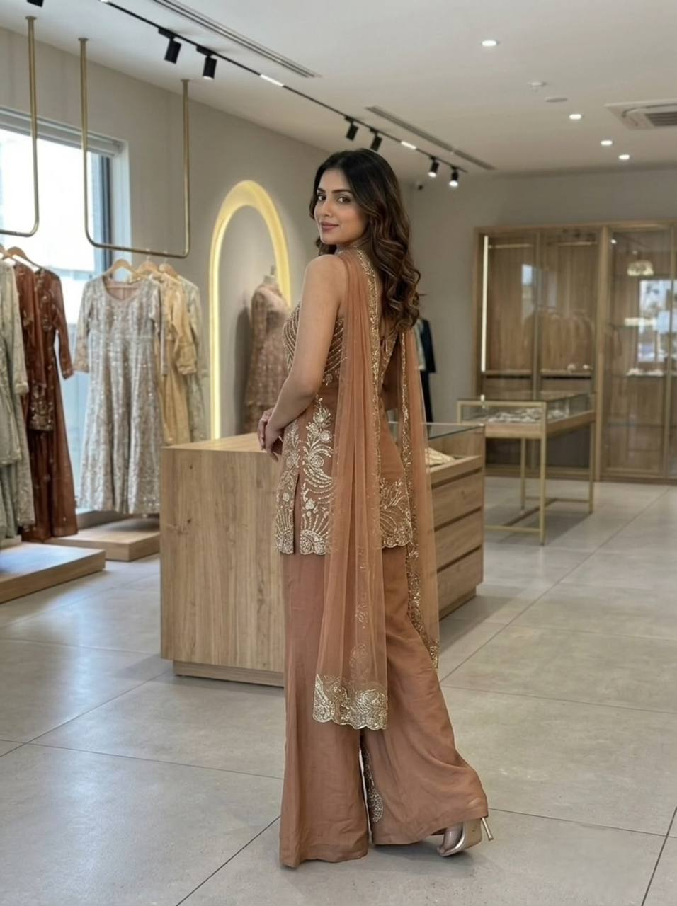 Dusty Rose Shimmer  Embroidered Sharara Set