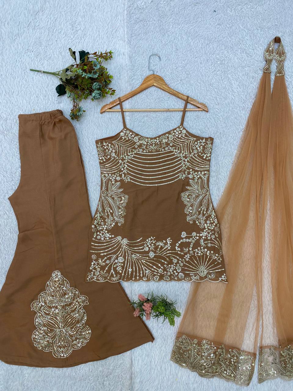 Dusty Rose Shimmer  Embroidered Sharara Set