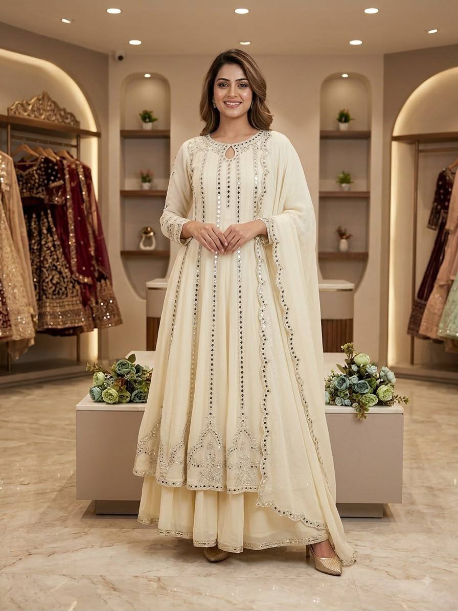 Ivoory Georgette Mirror Work Anarkali Set