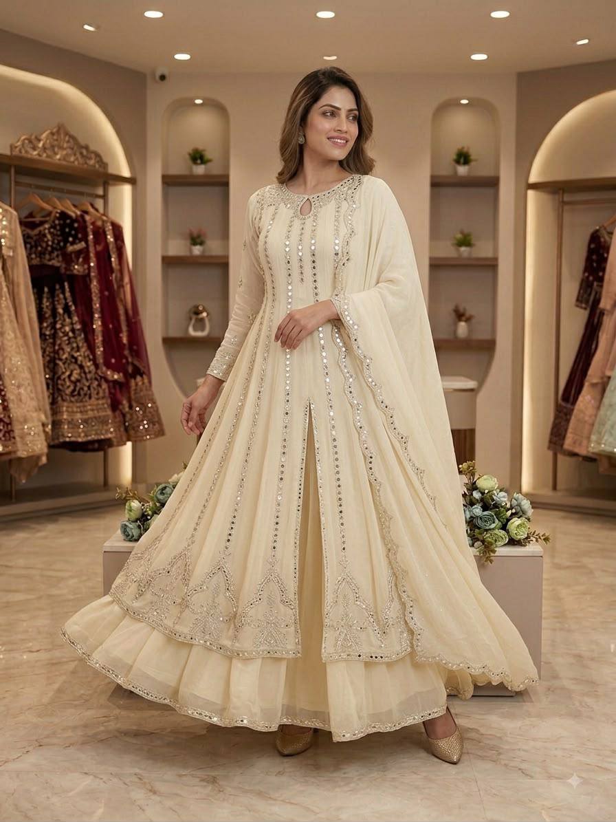 Ivoory Georgette Mirror Work Anarkali Set