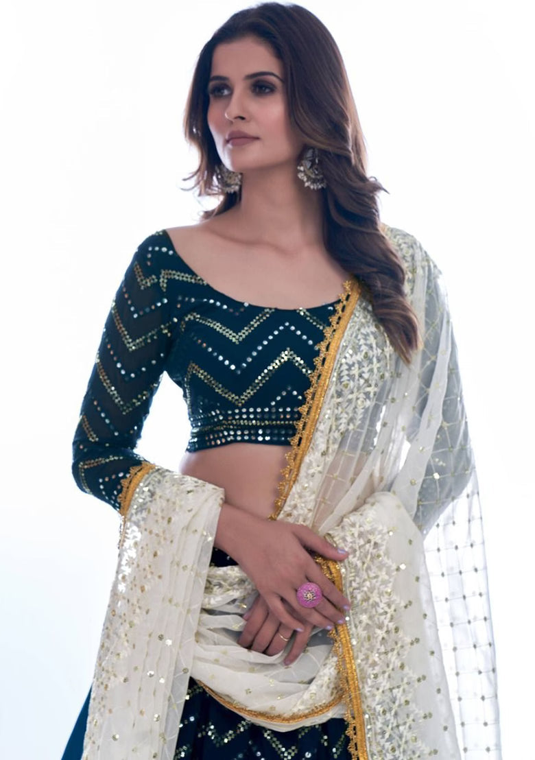 Navy Embellished Semi-Stitched Lehenga Choli Set