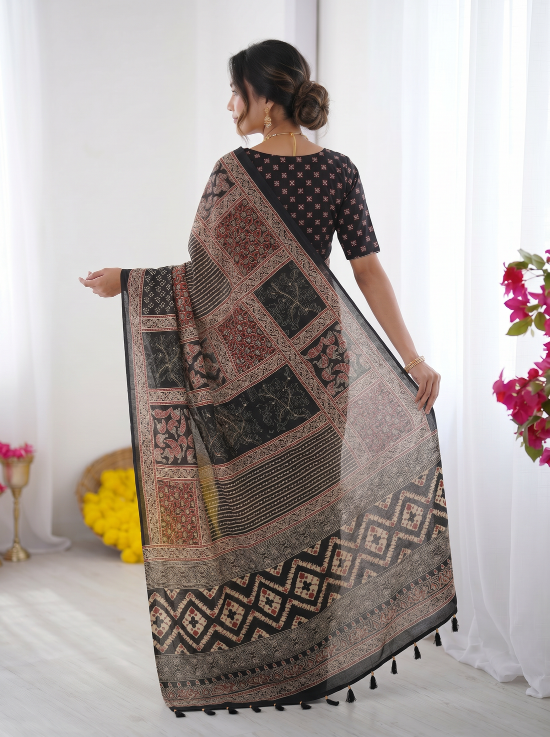 Black Modal Silk Saree with Tribal & Geometric Print