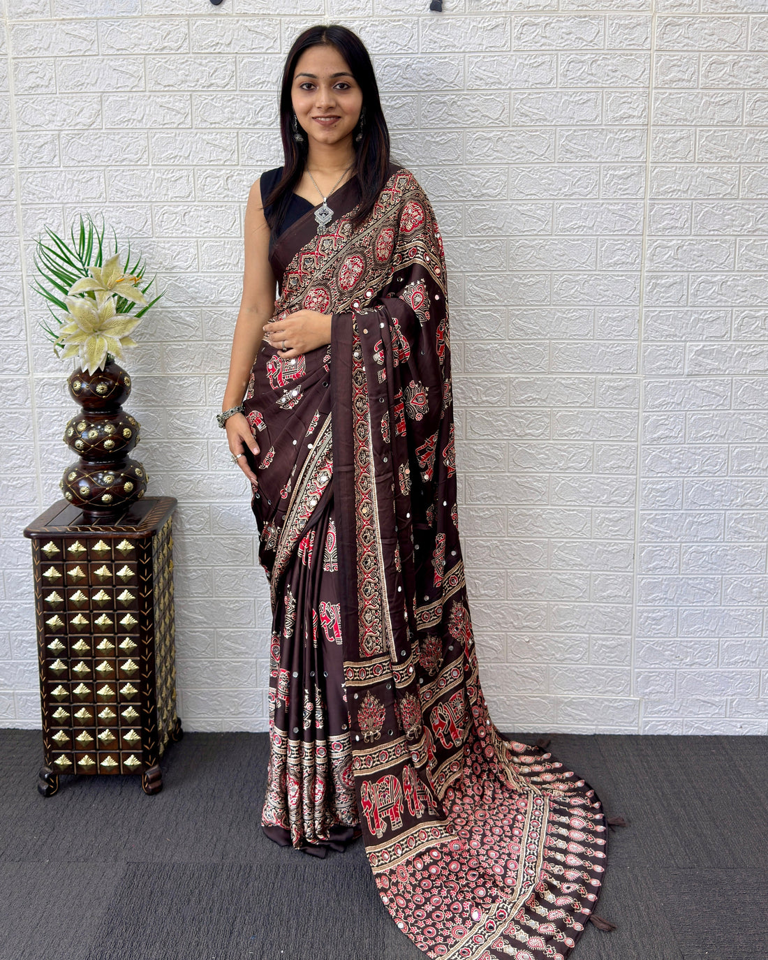 Chocolate Brown Modal Silk Saree with Elephant Motif Heritage Print & Designer Pallu