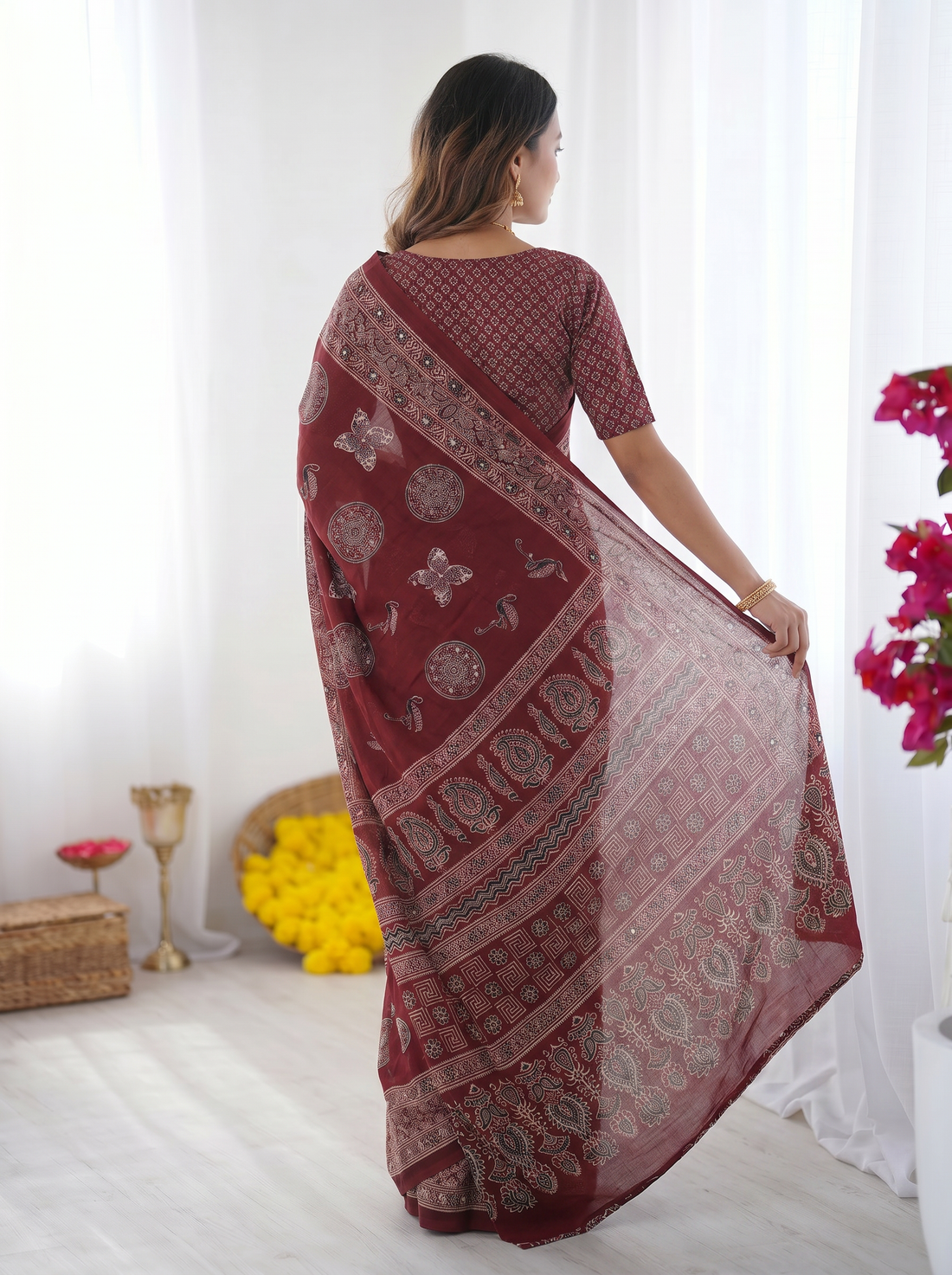 Maroon Modal Silk Saree with Paisley & Circular Motif Print