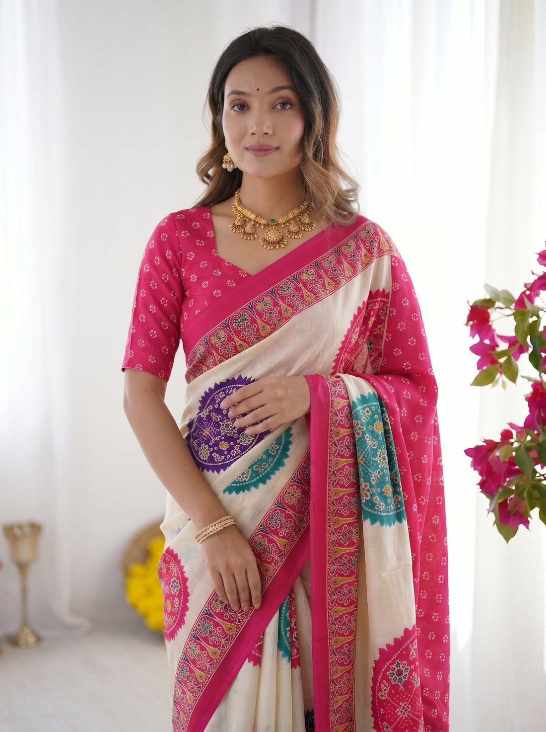 Ivory White & Rani Pink Pure Modal Silk Saree with Multicolor Mandala Print