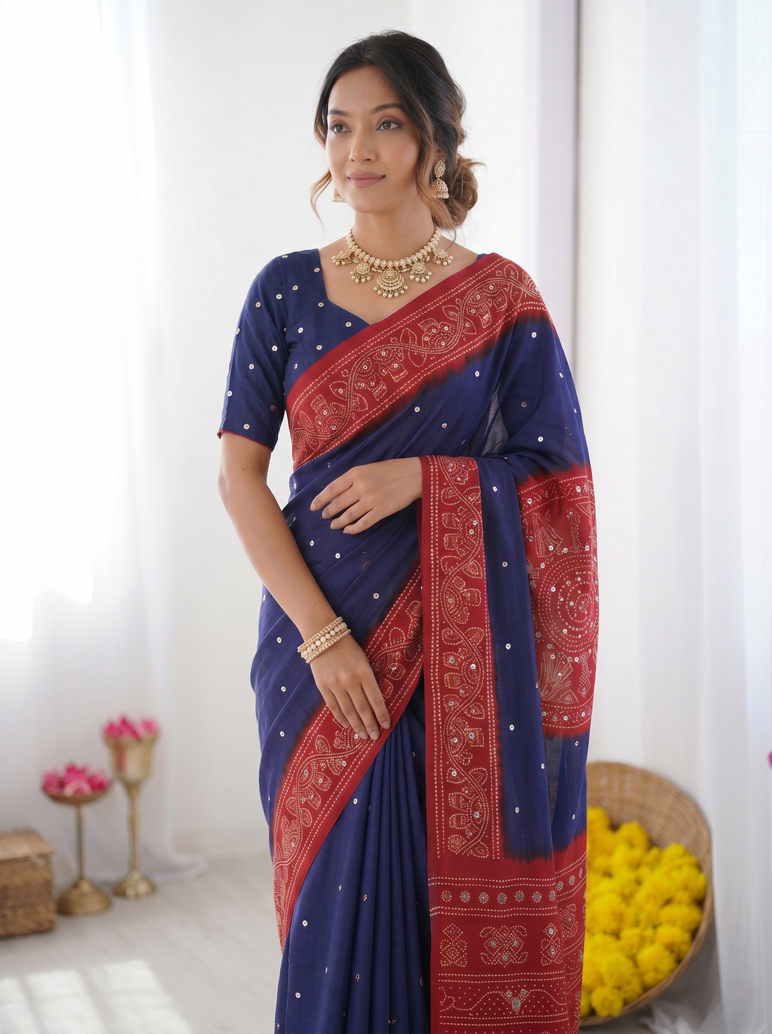 Royal Blue & Crimson Red Bandhani Inspired Modal Silk Saree with Traditional Folk Art Pallu & Stone Embellishments