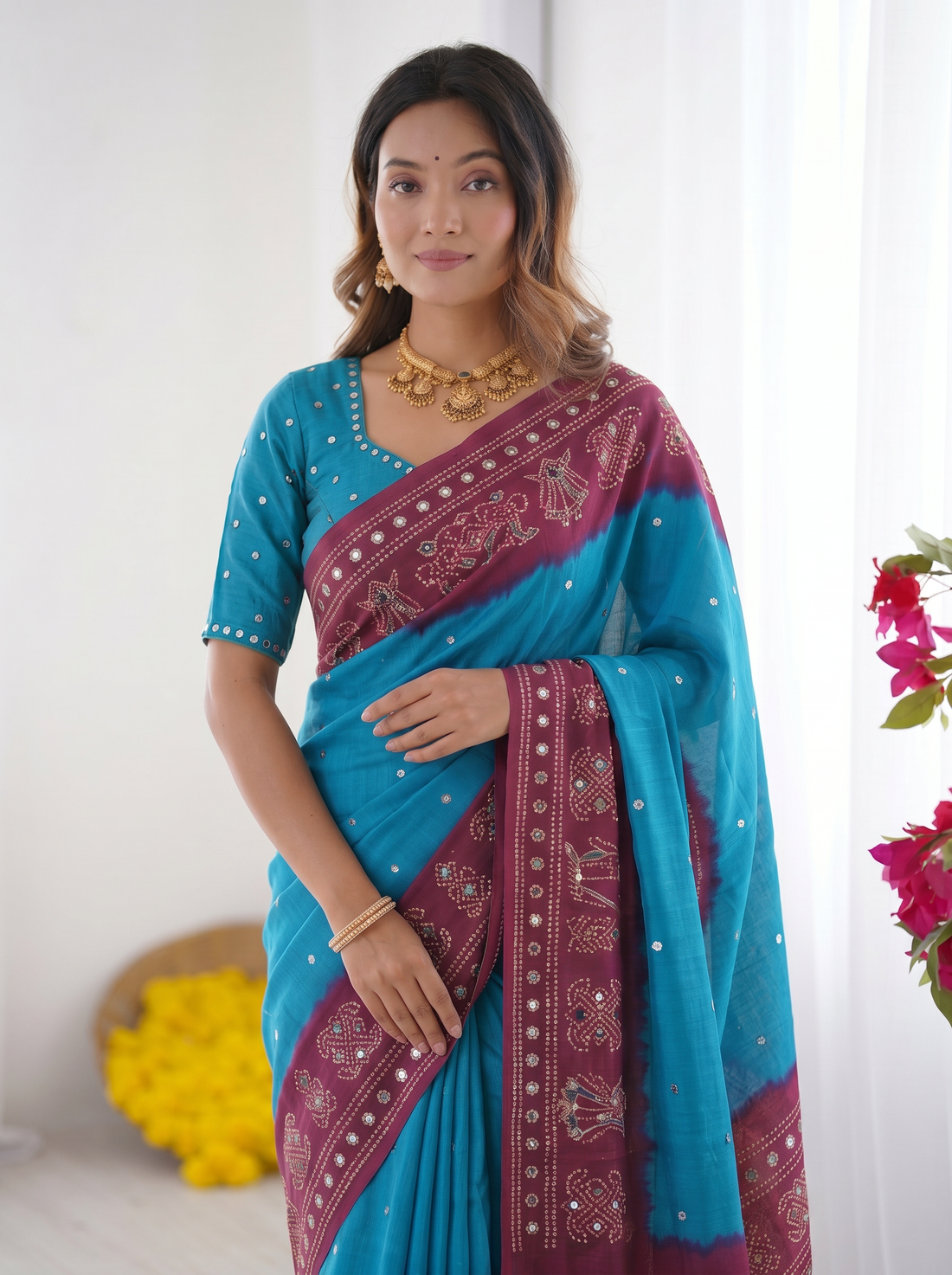 Sky Blue & Wine Purple Bandhani Printed Cotton Silk Saree with Traditional Folk Border & Tassel Pallu