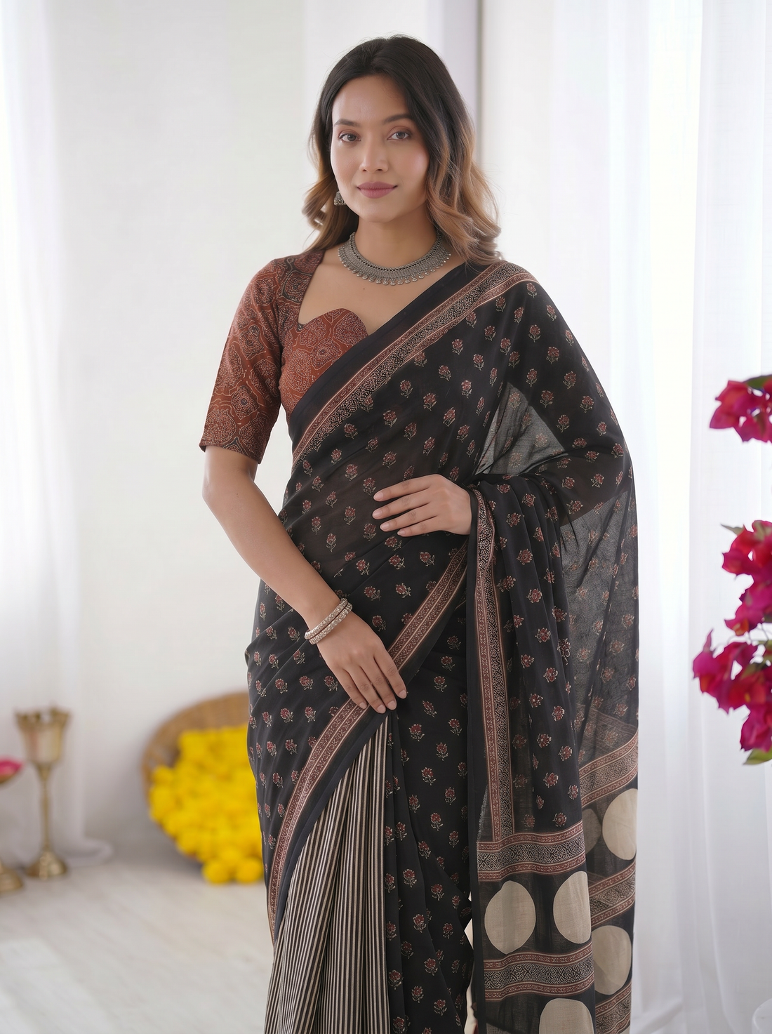 Black Modal Silk Saree with Floral Butti Prints, Striped Pleats