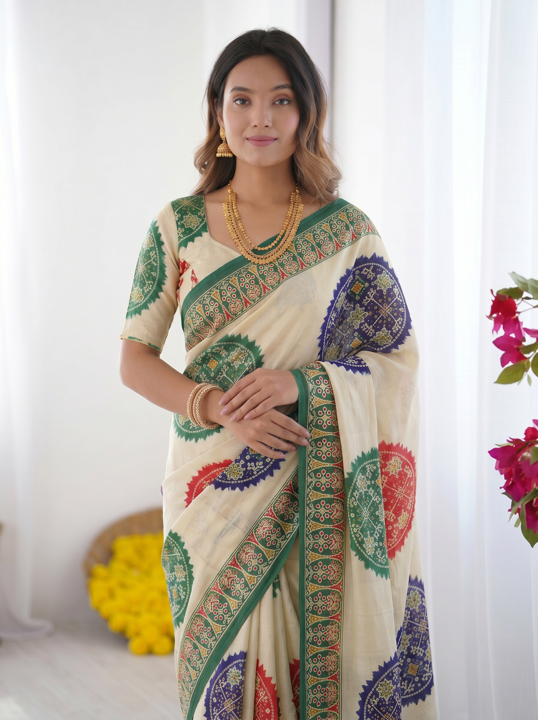 Ivory White & Emerald Green Pure Modal Silk Saree