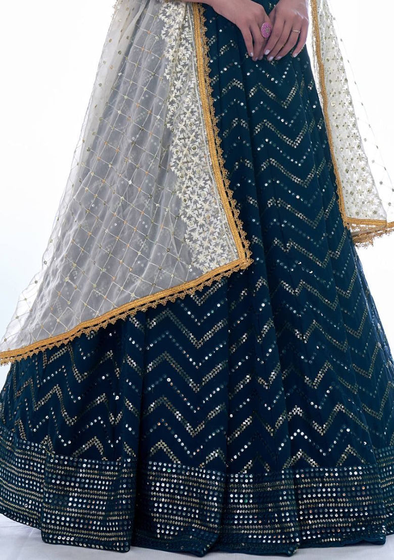 Navy Embellished Semi-Stitched Lehenga Choli Set