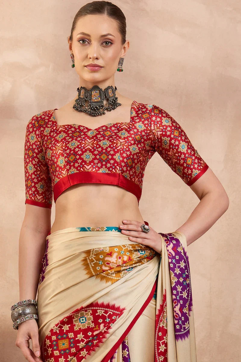 Bright Cream and Red Modal Ajrakh Silk Printed Saree