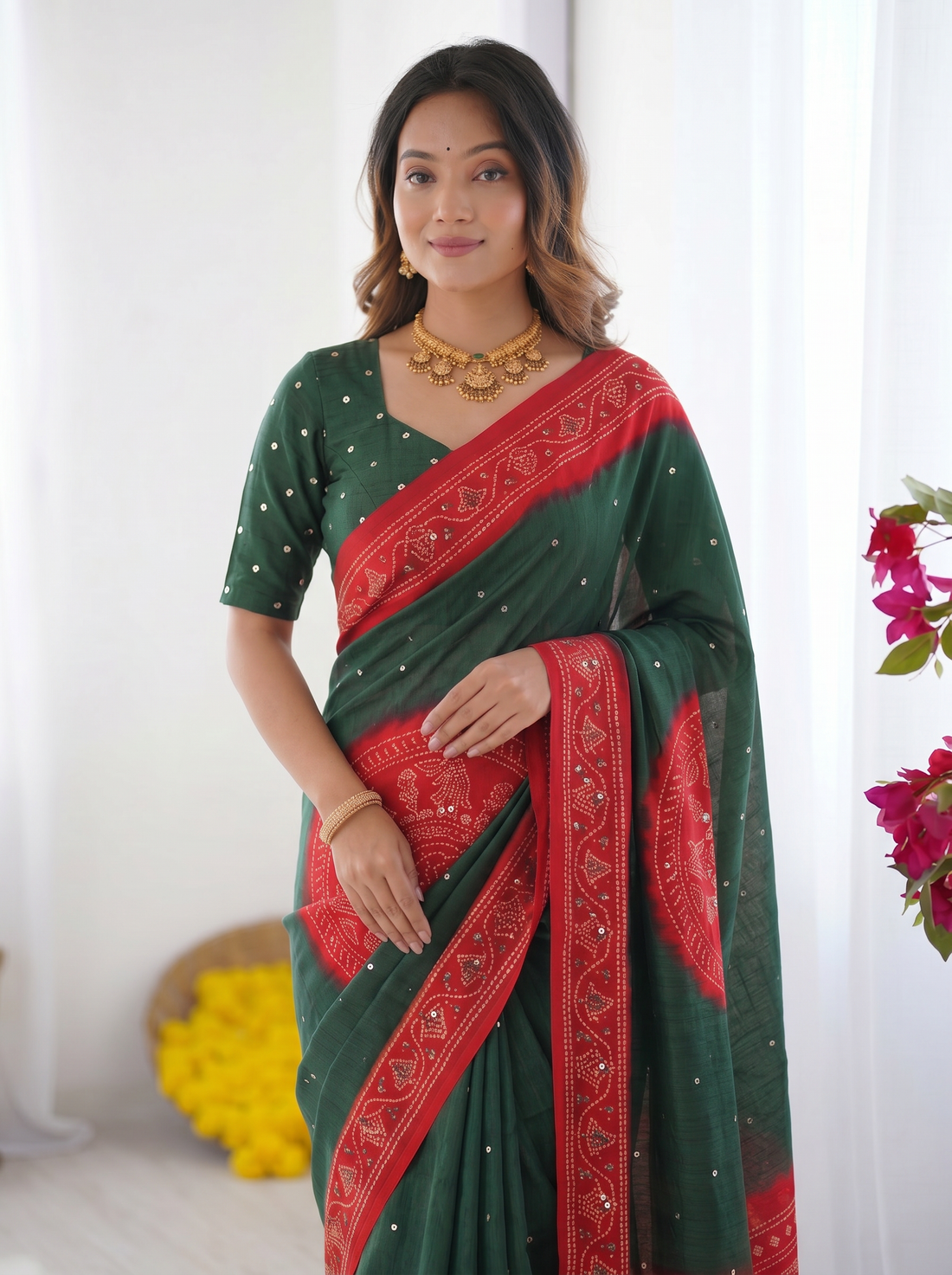 Bottle Green & Ruby Red Bandhani Inspired Cotton Silk Saree with Traditional Folk Print Border & Designer Pallu