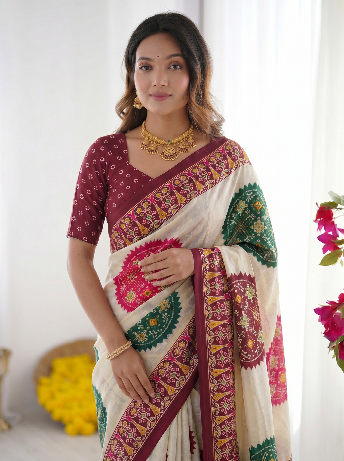 Ivory Cream & Wine Purple Pure Modal Silk Saree with Multicolor
