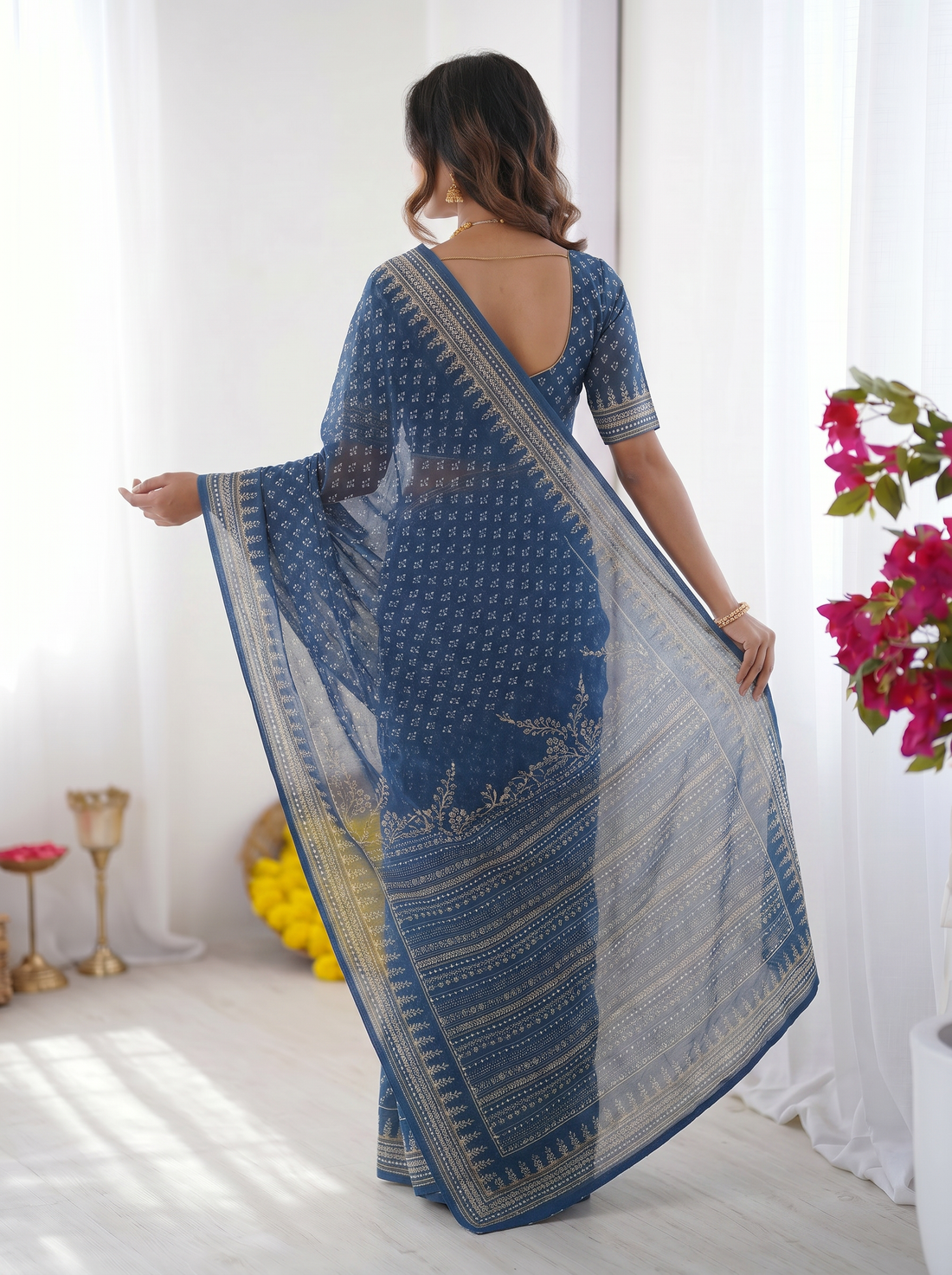 Steel Blue Modal Silk Saree with Delicate Floral Butti Prints