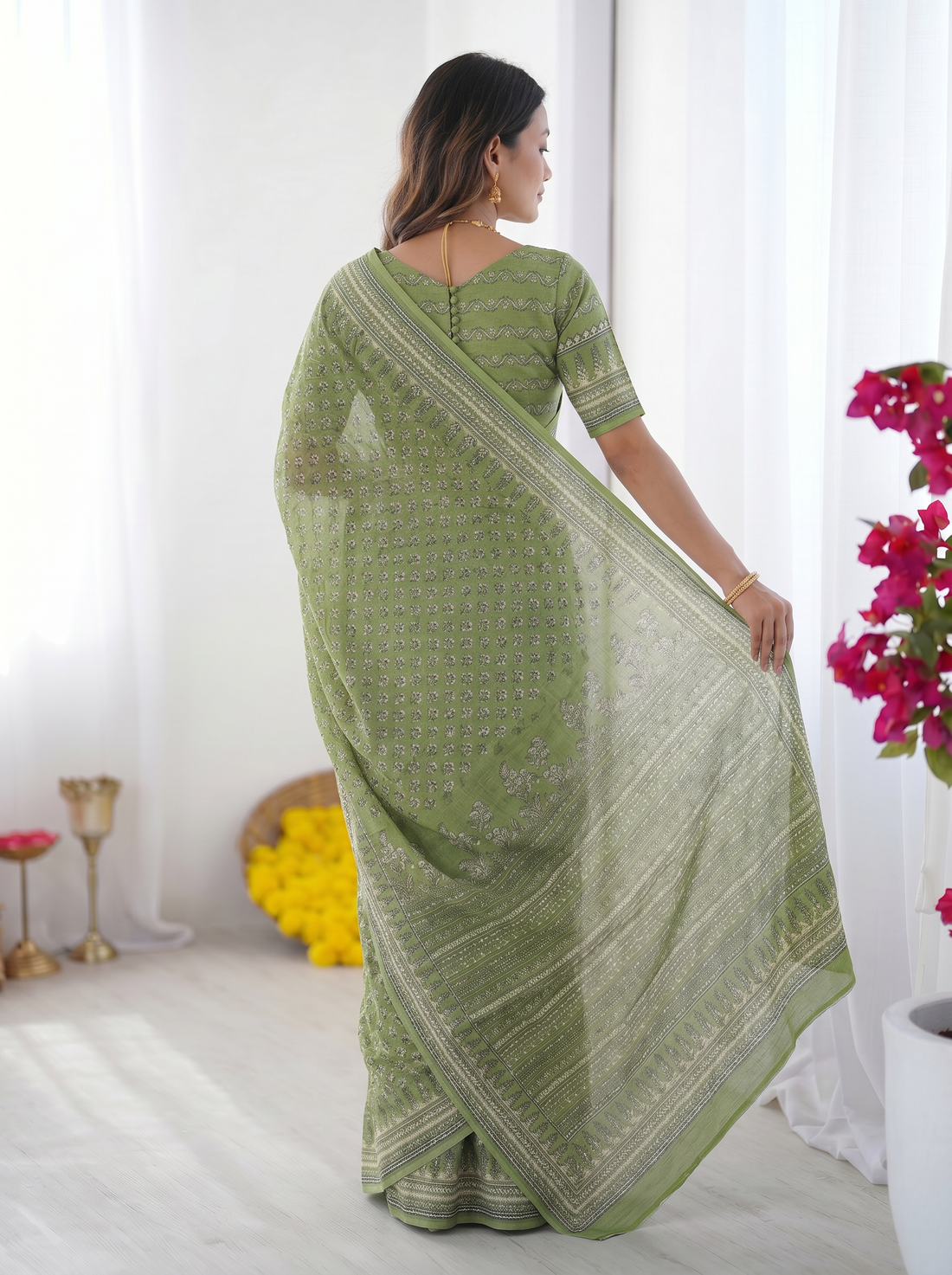 Sage Green Modal Silk Saree with Delicate Floral Butti Prints
