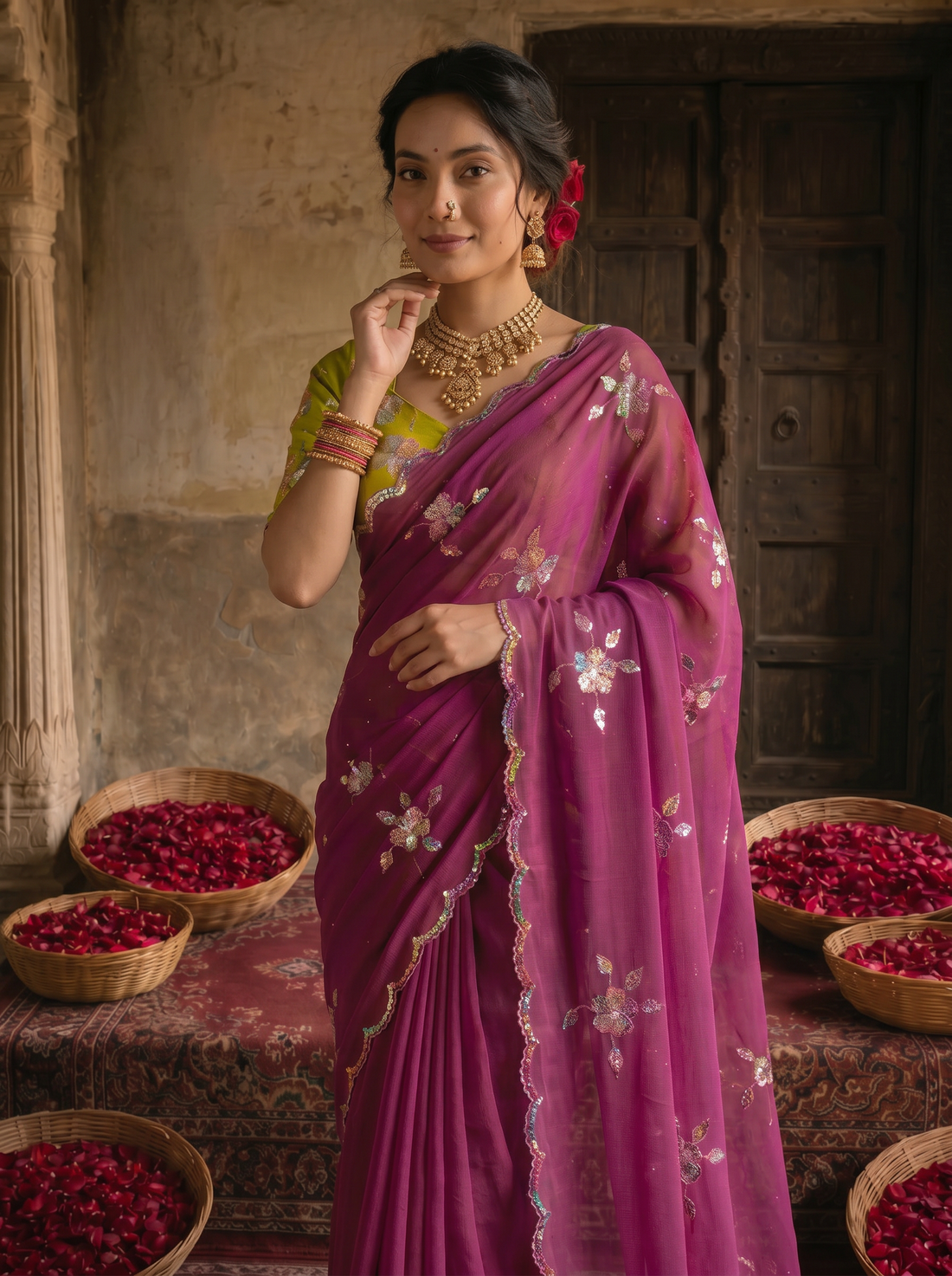 Magenta Purple Georgette Embroidered Saree with Floral Sequin Work