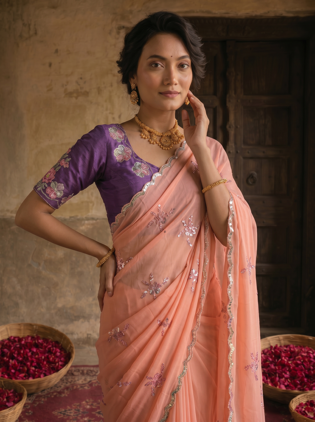 Peach Pink Georgette Embroidered Saree with Floral Sequin Work