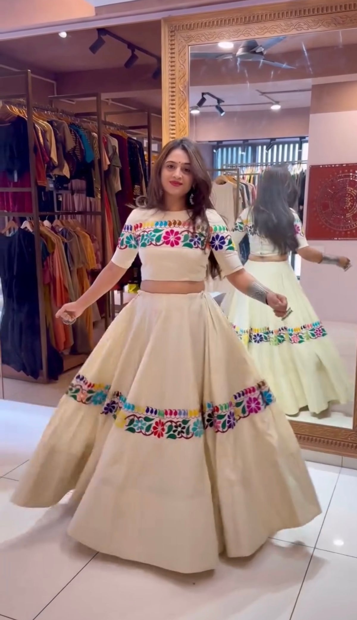 Off-white kora cotton Navratri lehenga choli with 4-metre flare, twirl view