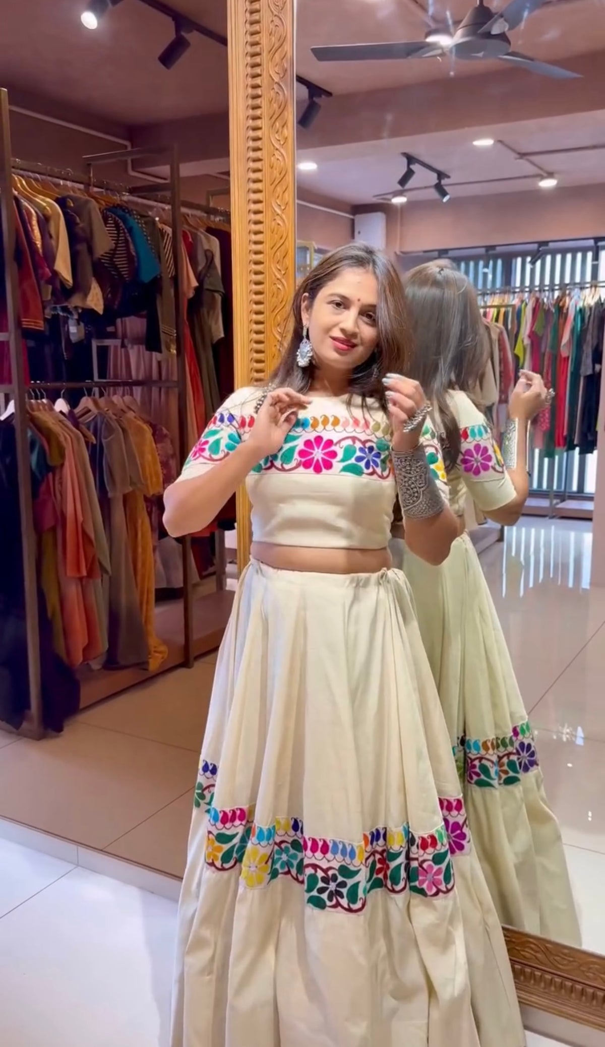 Embroidered kora cotton blouse with mirror work, close view
