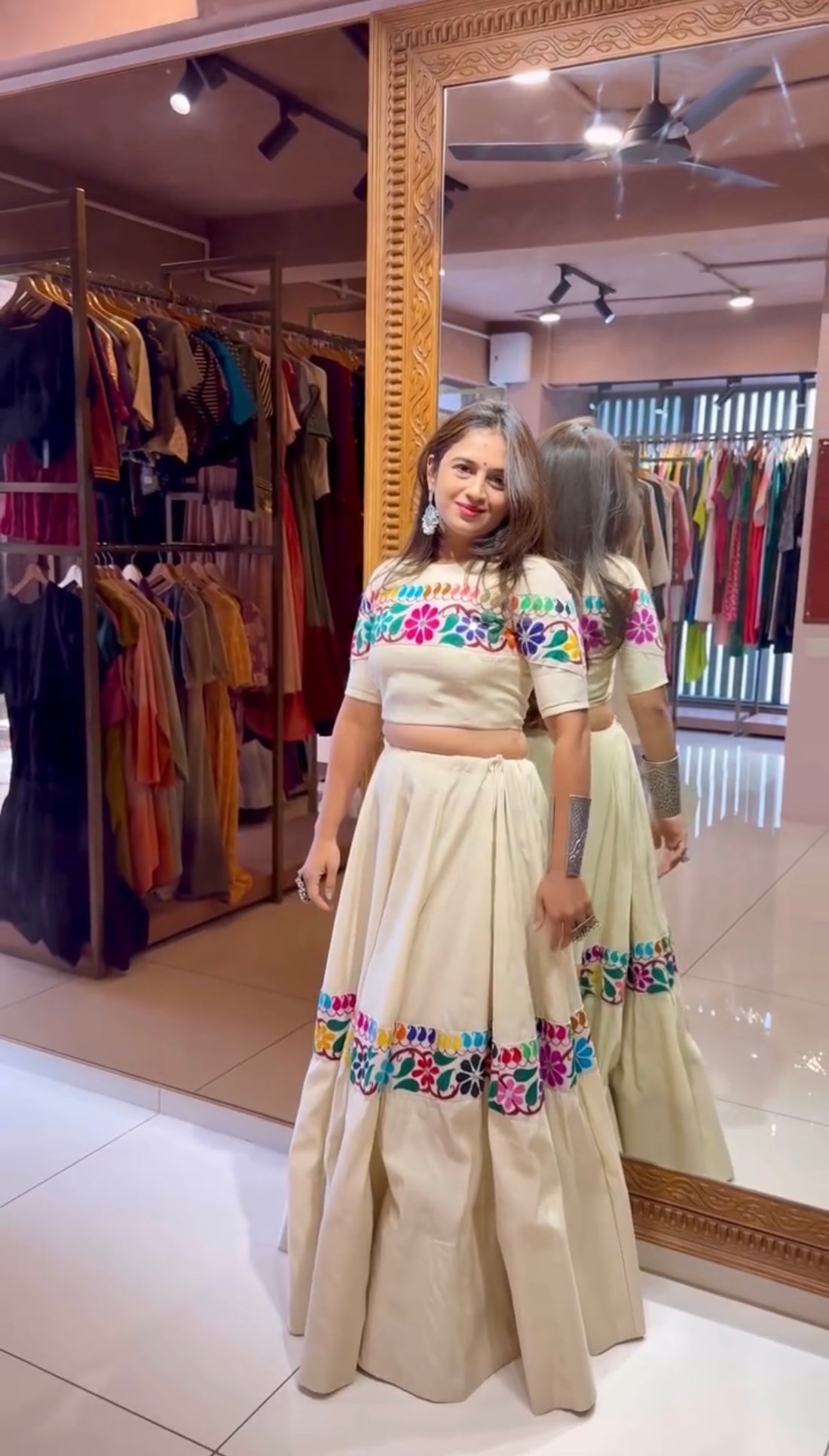 Off-white kora cotton Navratri lehenga choli with 4-metre flare, twirl view