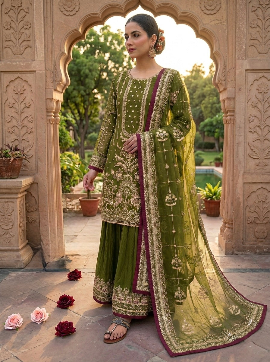 Olive Green Georgette Kurta Palazzo Set
