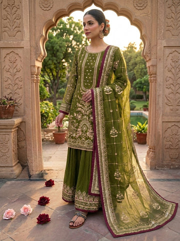 Olive Green Georgette Kurta Palazzo Set