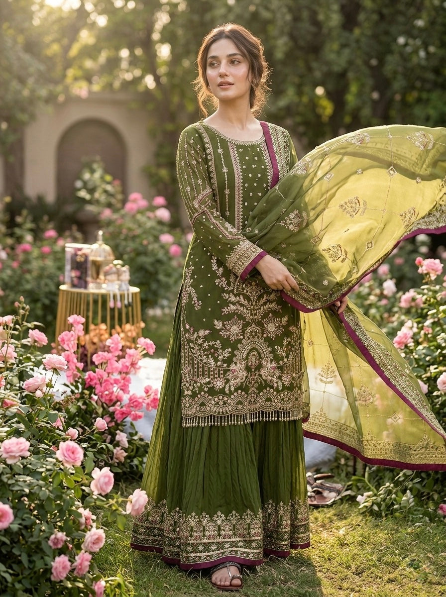 Olive Green Georgette Kurta Palazzo Set, view 2