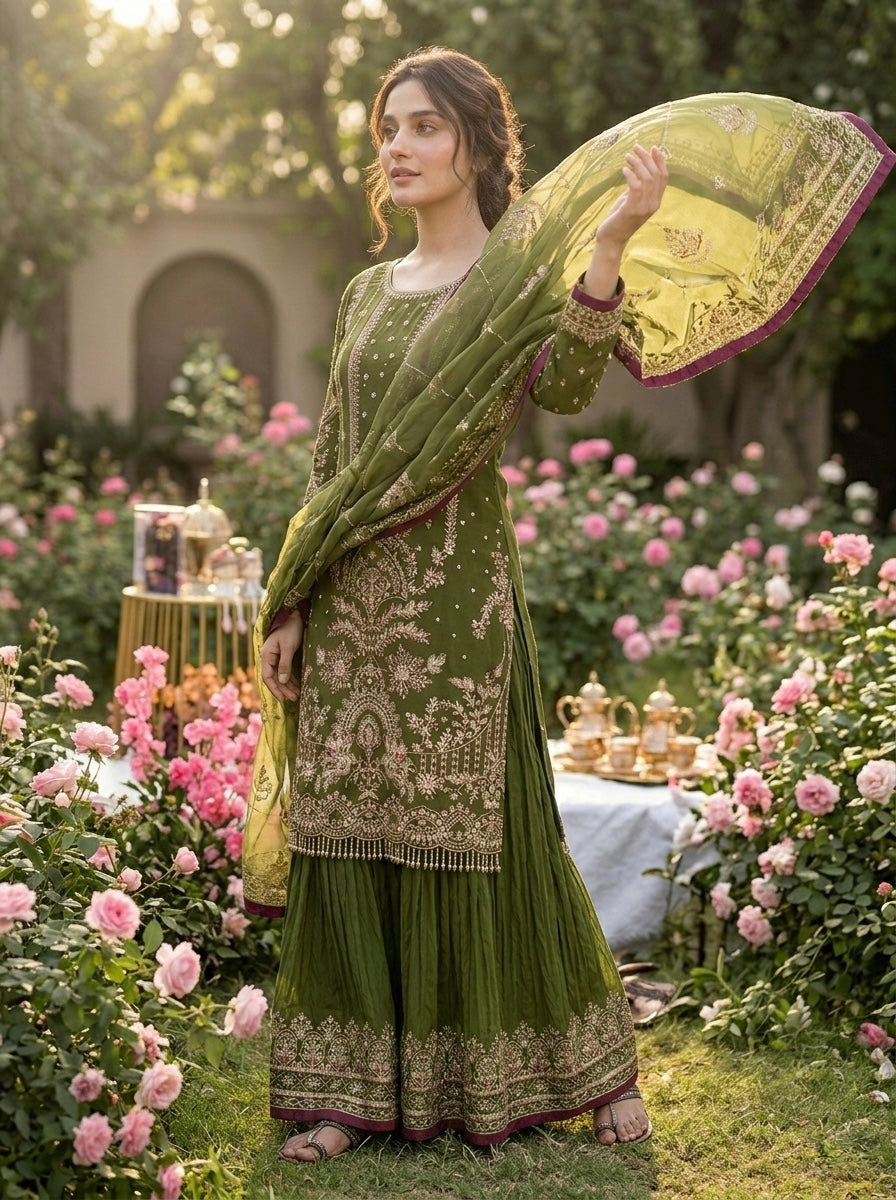 Olive Green Georgette Kurta Palazzo Set, view 3