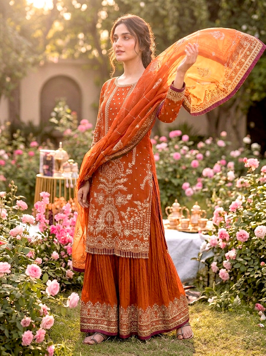 Rust Georgette Kurta Palazzo Set, view 2