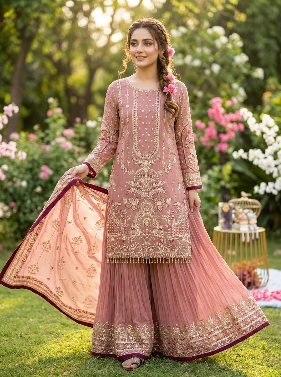 Dusty Rose Georgette Kurta Palazzo Set, view 2