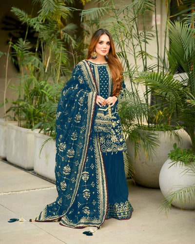 Teal Blue Georgette Kurta Palazzo Set