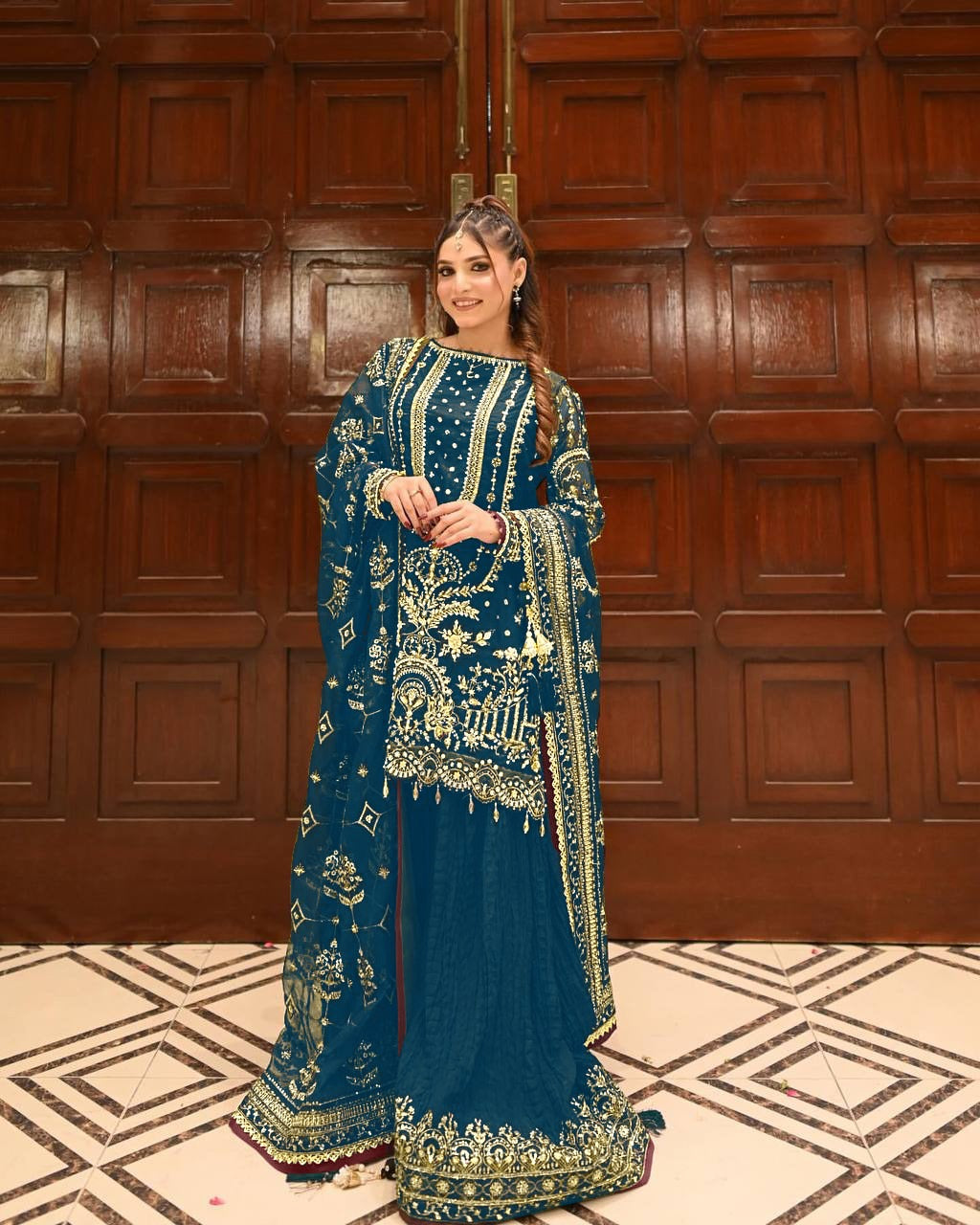 Teal Blue Georgette Kurta Palazzo Set