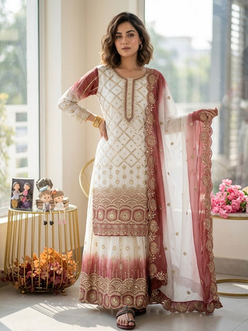 Off-White and Brick Red Georgette Palazzo Set