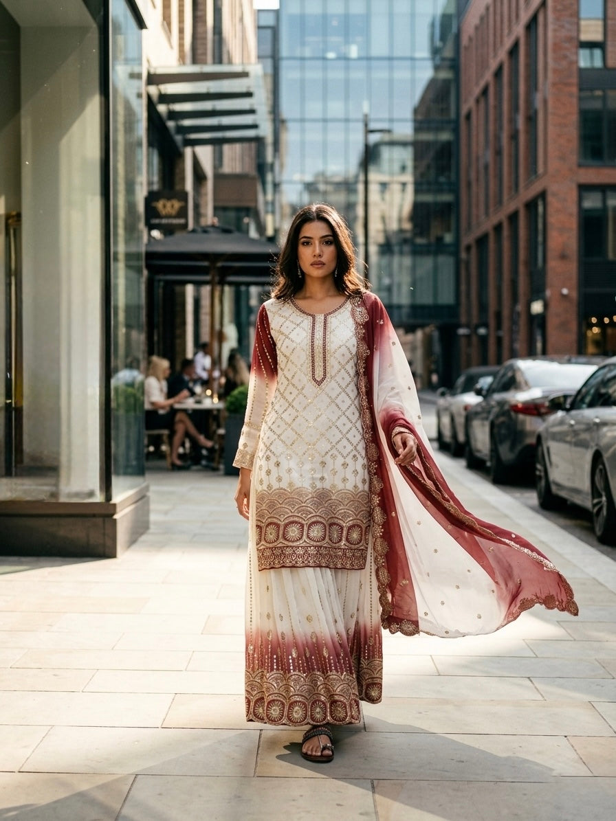 Off-White and Brick Red Georgette Palazzo Set, view 2
