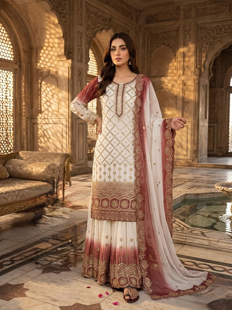 Off-White and Brick Red Georgette Palazzo Set, view 3