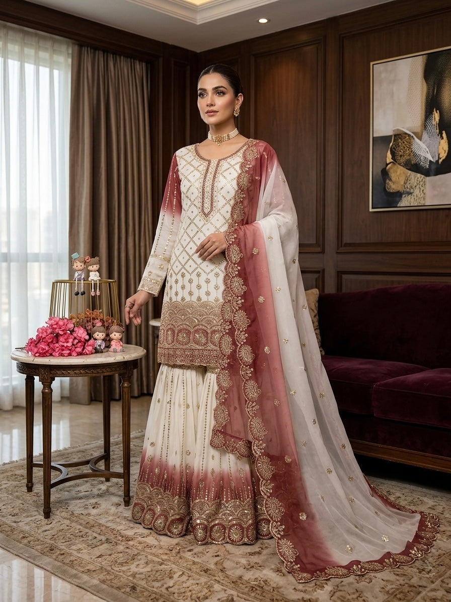 Off-White and Brick Red Georgette Palazzo Set, view 4