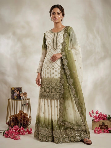 Off-White and Olive Georgette Palazzo Set