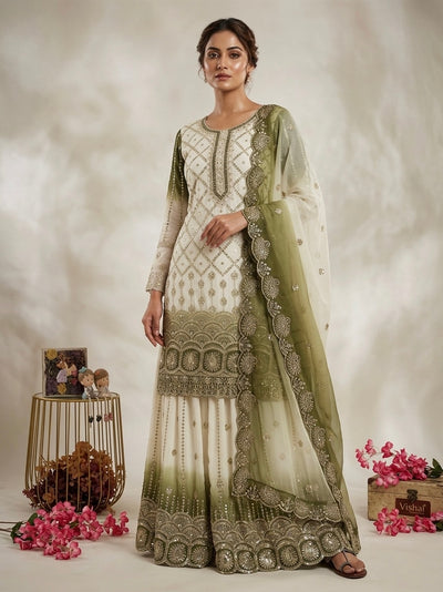 Off-White and Olive Georgette Palazzo Set