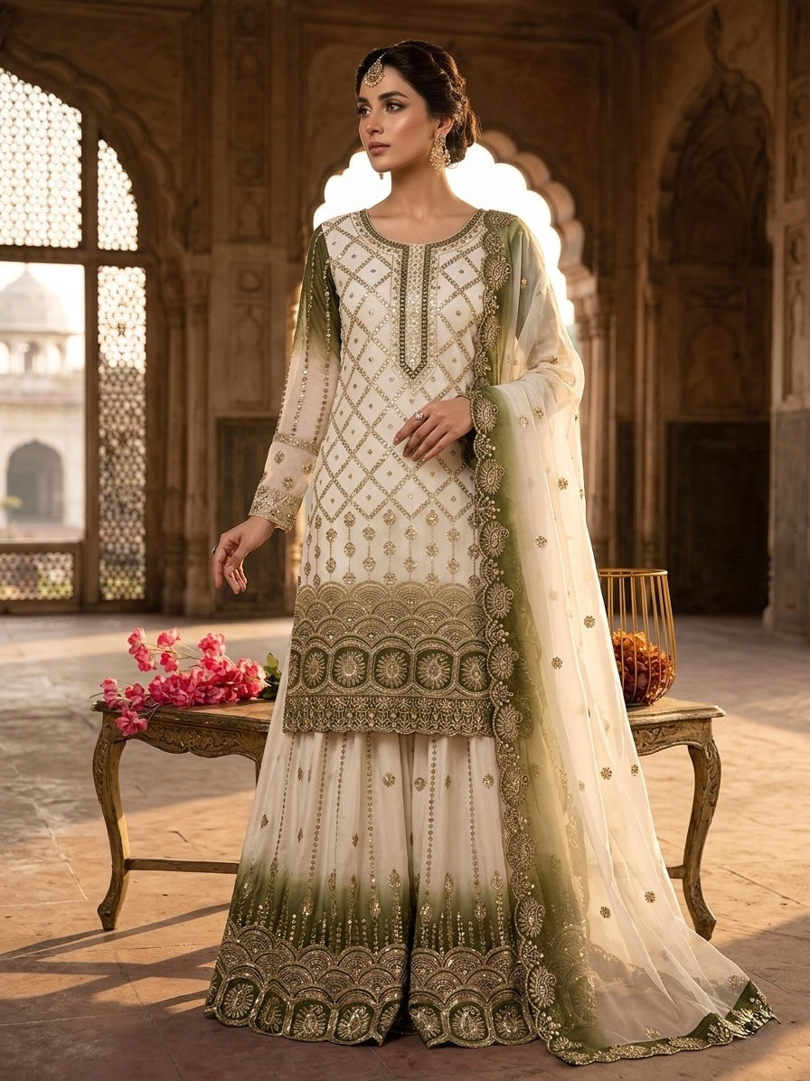Off-White and Olive Georgette Palazzo Set, view 2