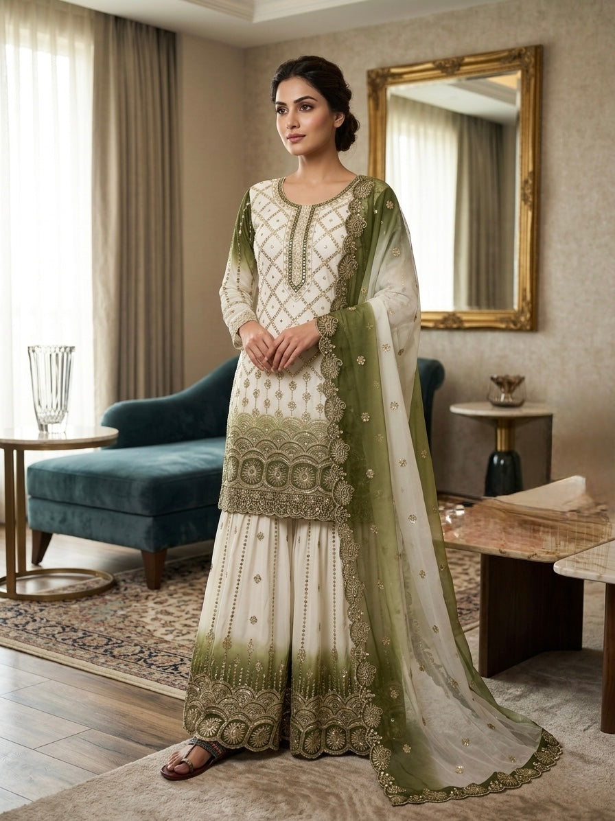 Off-White and Olive Georgette Palazzo Set, view 3