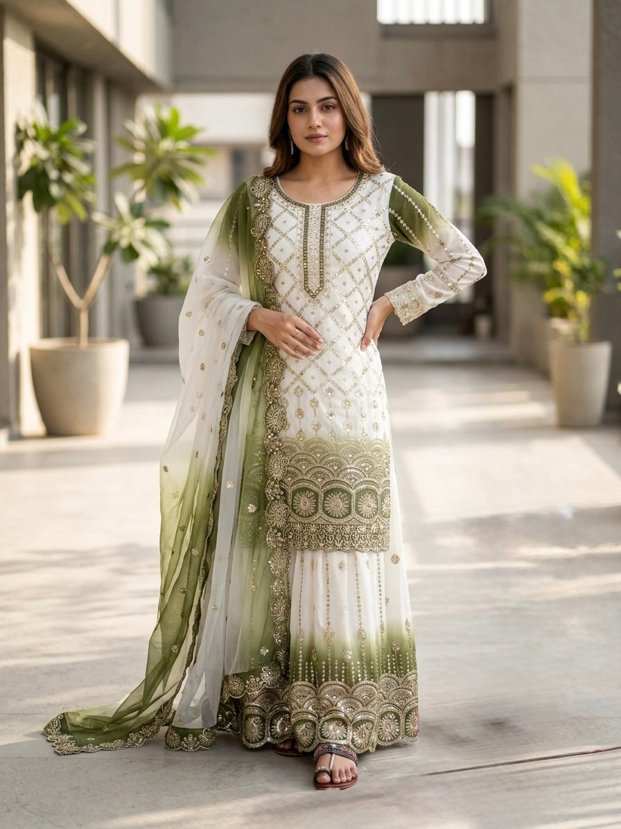 Off-White and Olive Georgette Palazzo Set, view 4