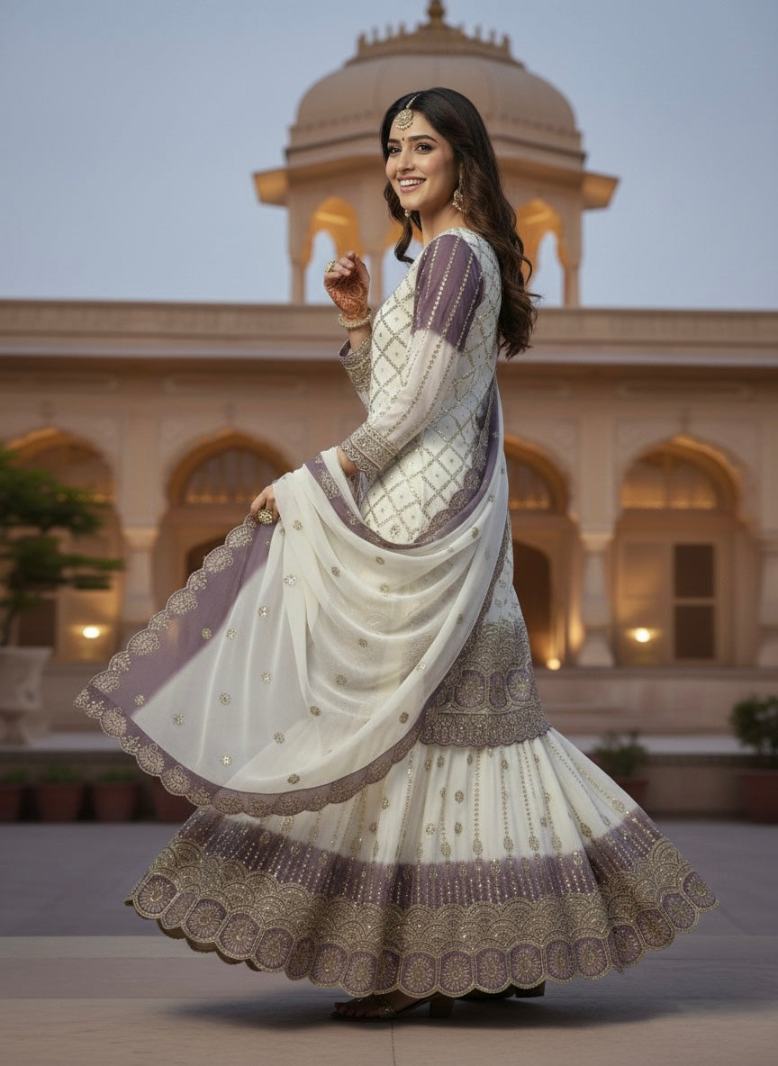 Off-White and Lavender Georgette Palazzo Set