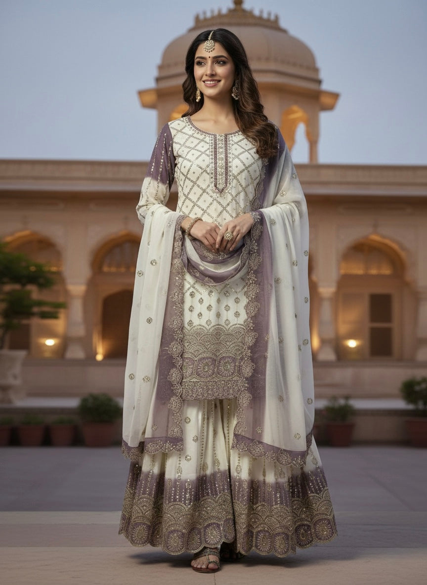 Off-White and Lavender Georgette Palazzo Set, view 2